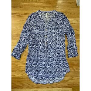 Grand & Greene Blue White Patterned Popover Prep Boho Blouse Top Size Small